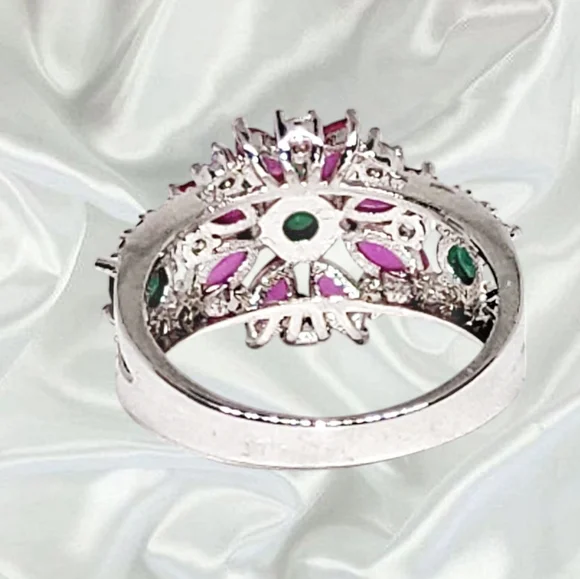 Sterling Silver Ring with Faux Emeralds & Rubies Ring